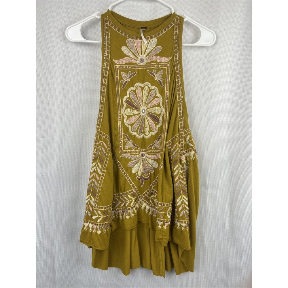 Free People Mustard Yellow Embroidered Tank Magic Garden Isabella Boho Festival